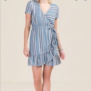 NWOT Blue Rair Pinstripe Ruffle Wrap Dress